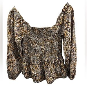 Madewell Womens Lucie Smocked Peplum Square Neck Top Black milkmaid Floral Sz 00